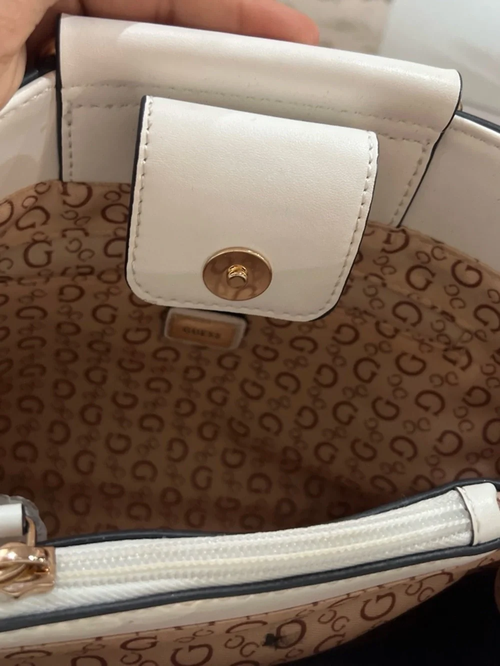 GUESS Cream Satchel with Gold Chain Accent